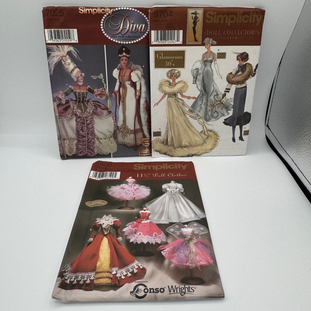 Simplicity 11.5 Doll Clothes Sewing Pattern Lot 7025 9704 5800 Diva 30s Glamour